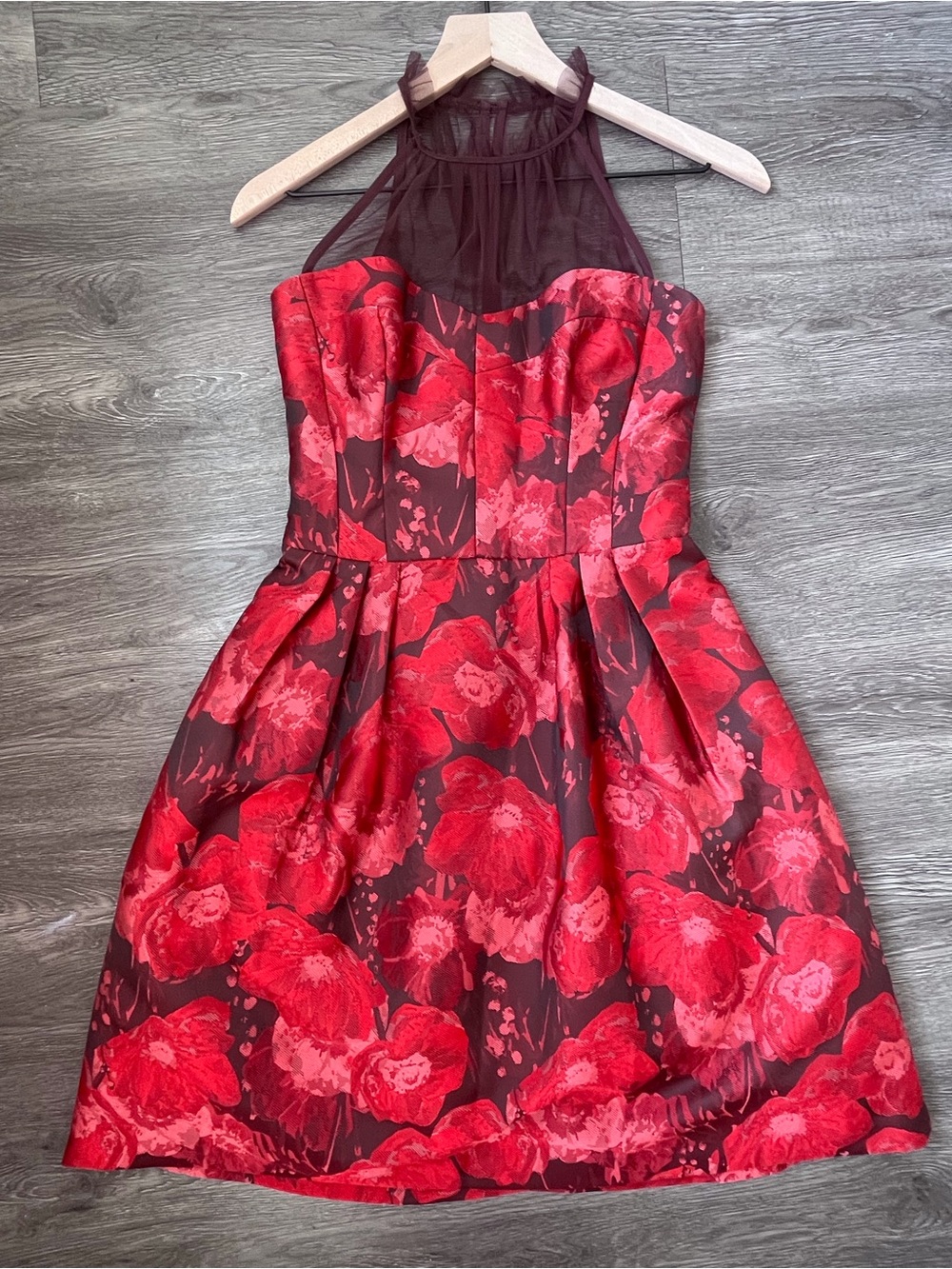Maggy London Red Floral Fit & Flare Jacquard Dress